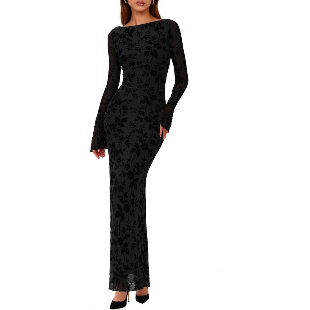 Women's Floral Mesh Bodycon Maxi Dress Long Sleeve Formal Evening